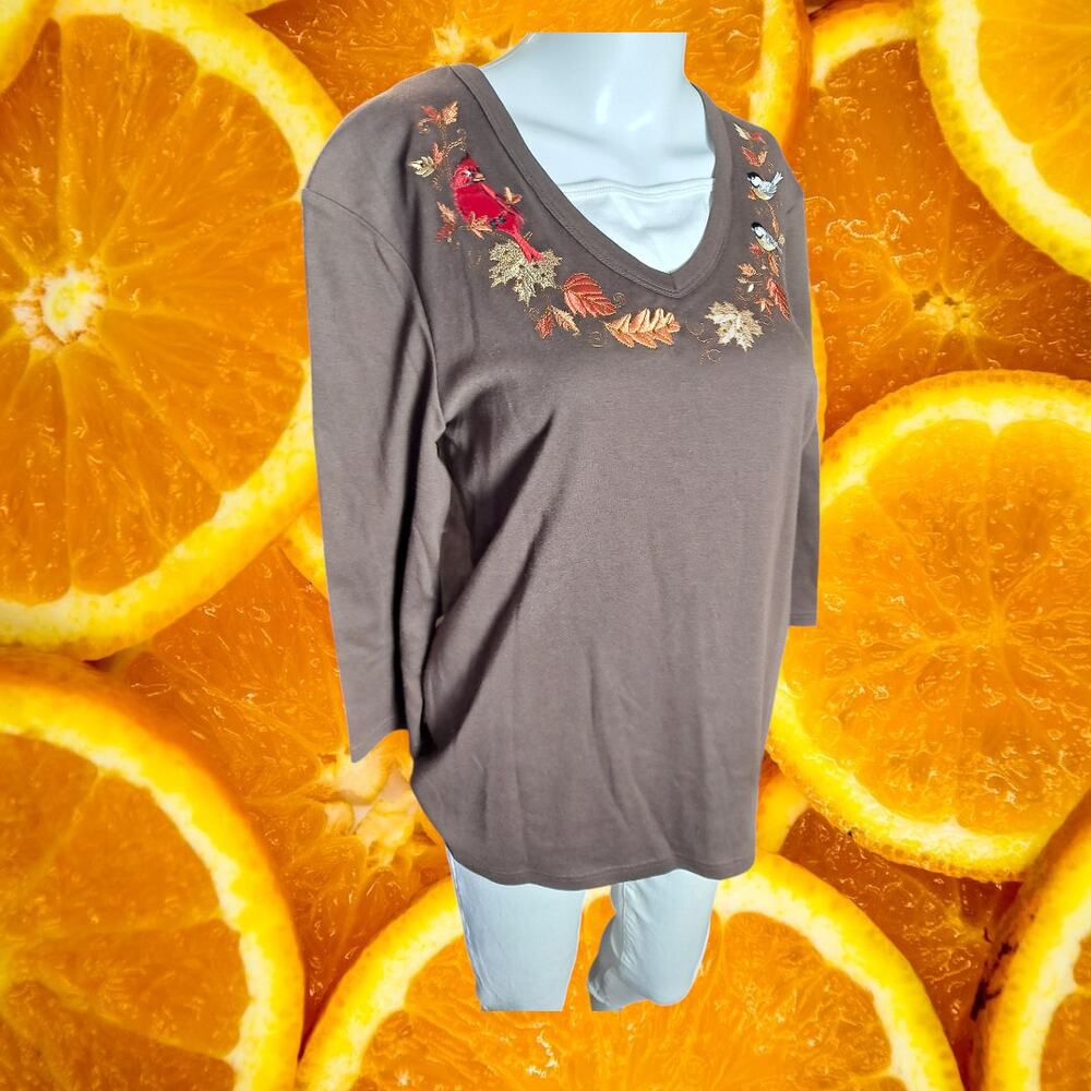 Decorated‎ Originals Brown Floral Bird Embroidered 3/4 Sleeve Blouse Size M